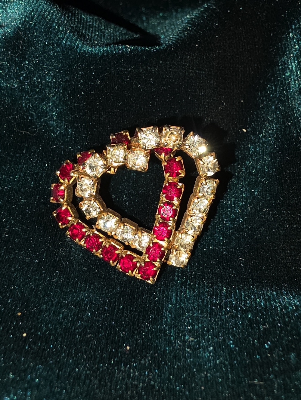 Vintage Gold-Tone Double Heart Brooch with Red and Clear Stones